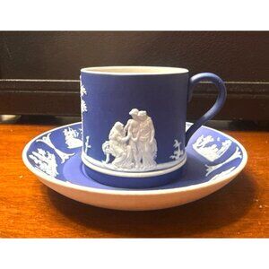 Wedgwood Jasperware Blue & White Demitasse Cup & Saucer Set RARE